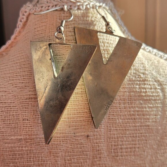 Vtg Alpaca Mexico German silver lot pink inlay MCM Bracelet & Geometric earrings - Picture 7 of 14